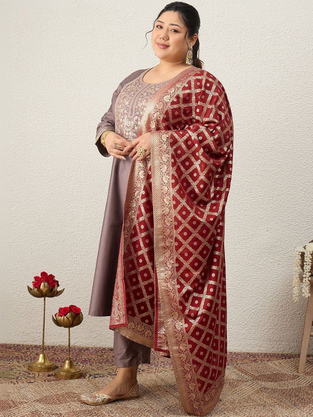 Indyancart Women's Ethnic Motifs Embroidered Regular Sequinned Kurta with Palazzos & With Dupatta
