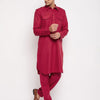 Men's Maroon Cotton Blend Pathani Pathani Kurta Set