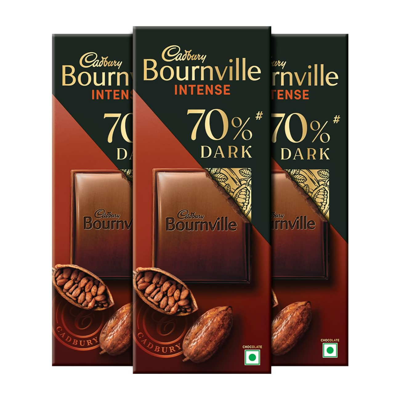 Cadbury Bournville Rich Cocoa 70% dark chocolate bar with deep cocoa color and smooth texture, showcasing the rich chocolate quality.