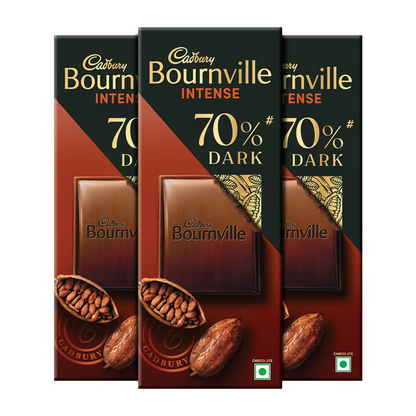Cadbury Bournville Rich Cocoa 70% dark chocolate bar with deep cocoa color and smooth texture, showcasing the rich chocolate quality.