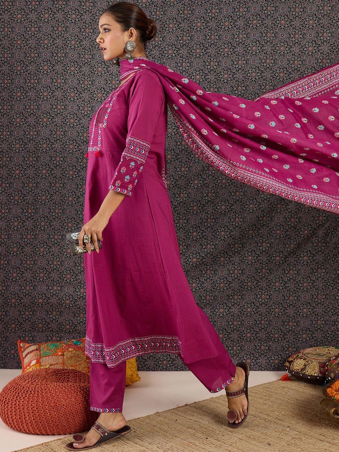 Floral Embroidered Round Neck Pure Cotton Straight Kurta With Trousers & Dupatta