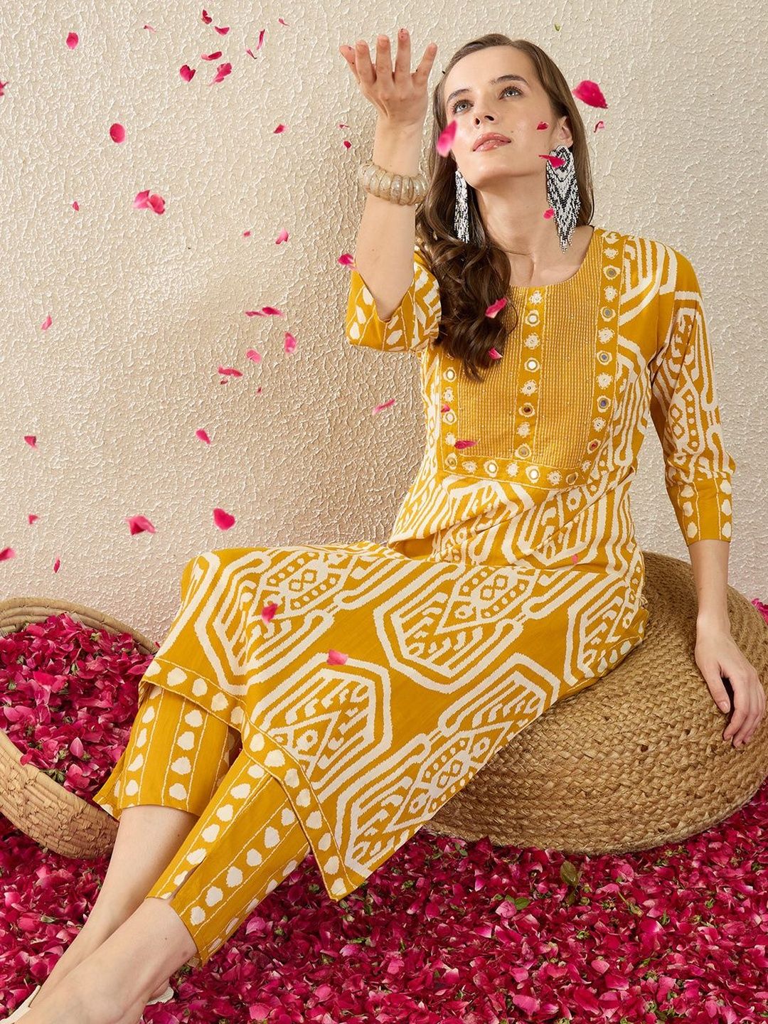 Women Printed Regular Mirror Work Pure Cotton Kurta with Trousers