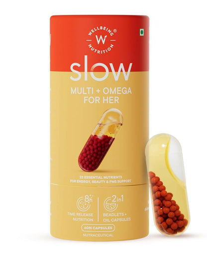 Wellbeing Nutrition Slow Multi + Omega for Her Ayurvedic capsules, showing softgel capsules in natural light.