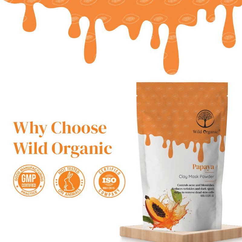Wild Organic Papaya Clay Mask Powder in a jar, natural face mask product for skincare and deep cleansing.