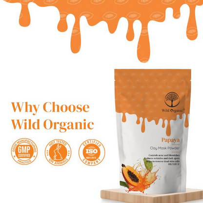 Wild Organic Papaya Clay Mask Powder in a jar, natural face mask product for skincare and deep cleansing.