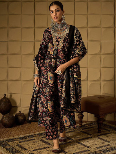 Indyancart IE Floral Printed Sequinned Pure Cotton Kurta With Trousers & Dupatta