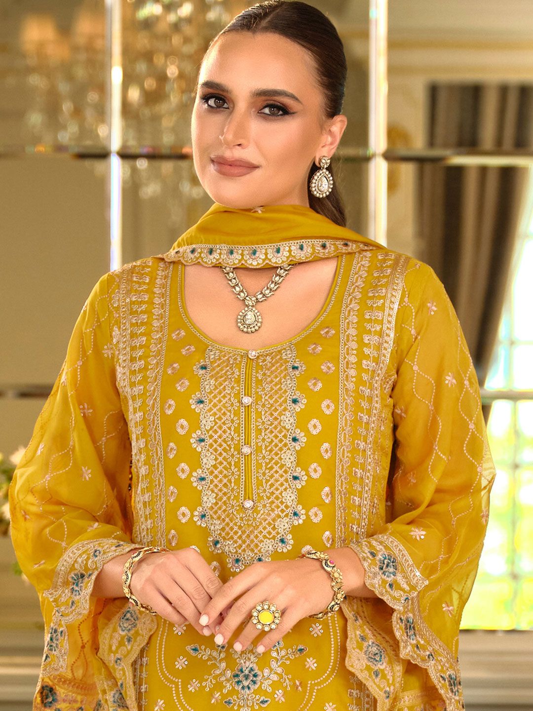 Adults-Women Woven Design Embroidered Kurta with Trousers & Dupatta