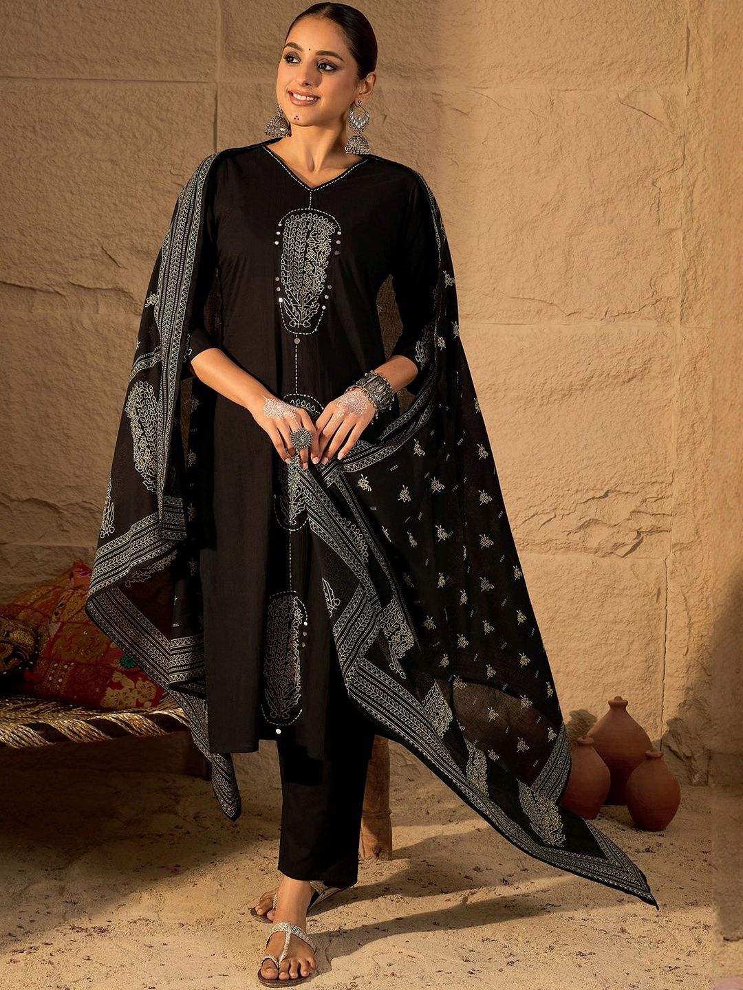 Women Ethnic Motifs Embroidered Cotton Kurta with Trousers & Dupatta