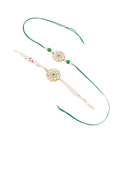 Anouk Set Of 2 Kundan Floral Design Gold Toned Bhaiya Bhabhi Rakhi Set With Roli Chawal