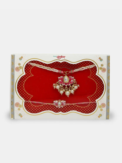 Anouk Unisex Set Of 2 Pink Lotus Shape Kundan-Studded & Beaded Wraparound Rakhi Set