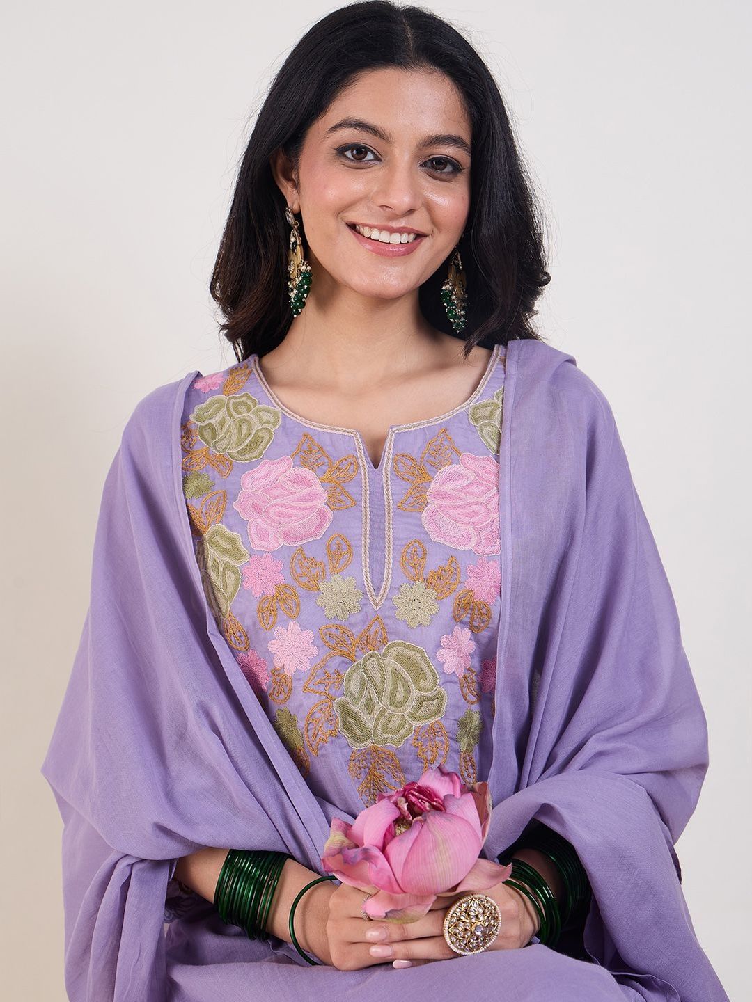 Floral Embroidered Notch Neck Pure Cotton Kurta & Trousers With Dupatta
