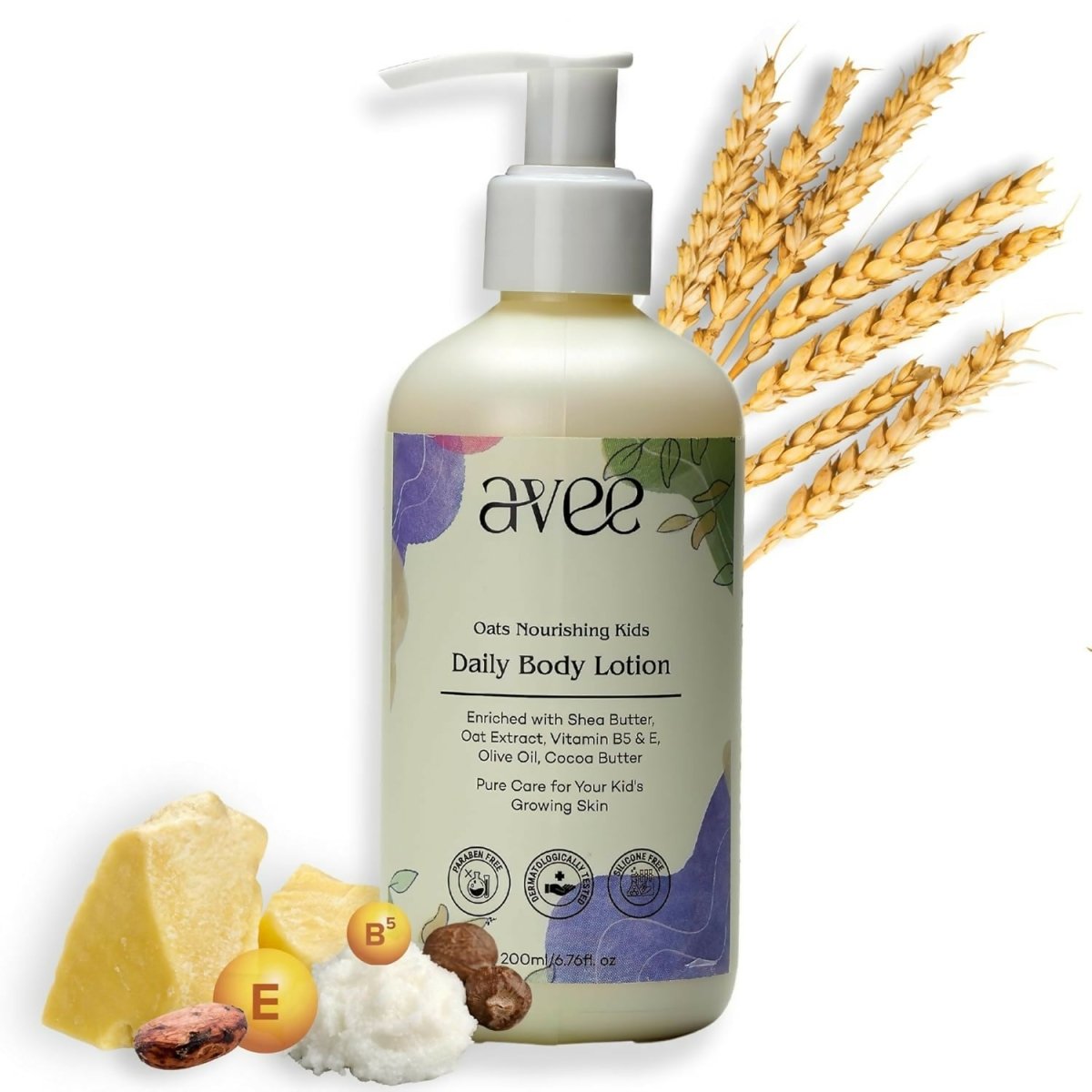 Avee Kids baby body lotion bottle with oats, shea, cocoa butter, and vitamins B5 & E, designed for deep hydration in children.