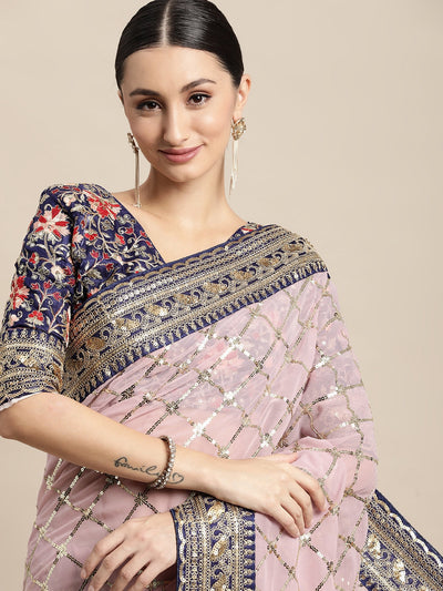 Indyancart GR Women's Kaaveri Pink Heavy Georgette Sequence Embroidered Saree