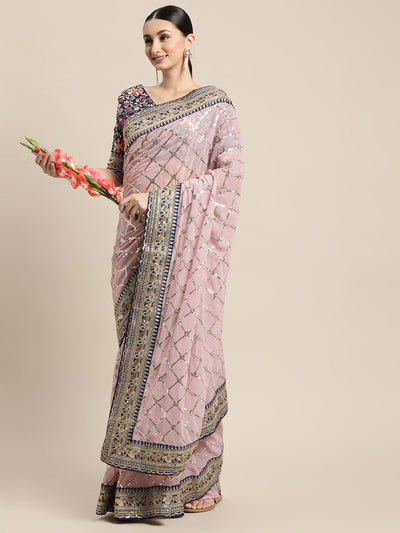 Indyancart GR Women's Kaaveri Pink Heavy Georgette Sequence Embroidered Saree