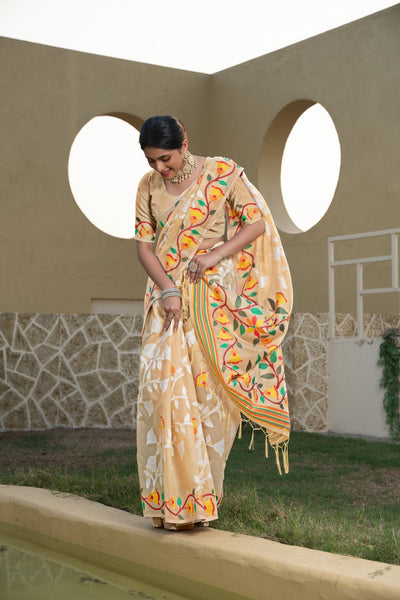 Indyancart GR Women's Kaashi Beige Cotton Jamdani Saree