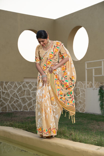 Dhiyona GR Women's Kaashi Beige Cotton Jamdani Saree