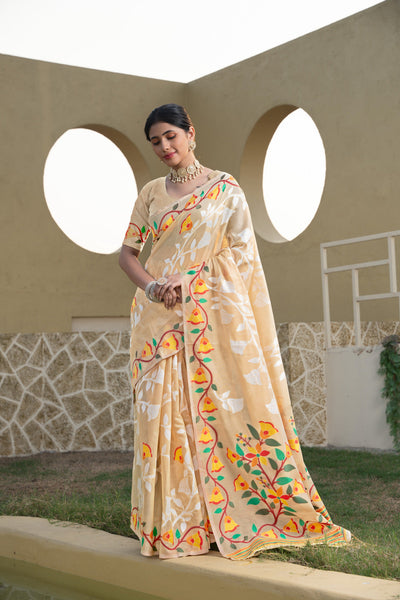 Indyancart GR Women's Kaashi Beige Cotton Jamdani Saree