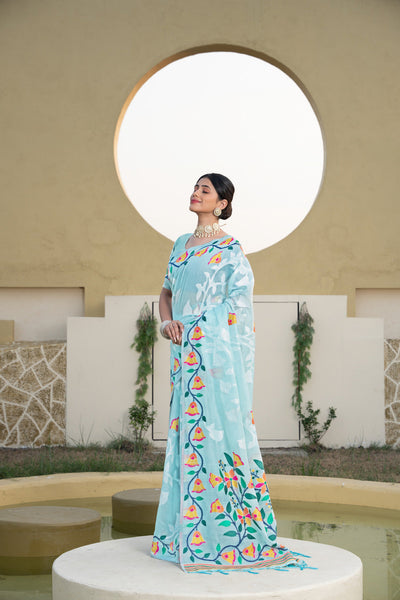 Indyancart GR Women's Kaashi Sky Blue Cotton Jamdani Saree