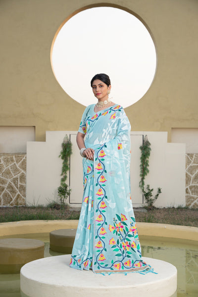 Indyancart GR Women's Kaashi Sky Blue Cotton Jamdani Saree