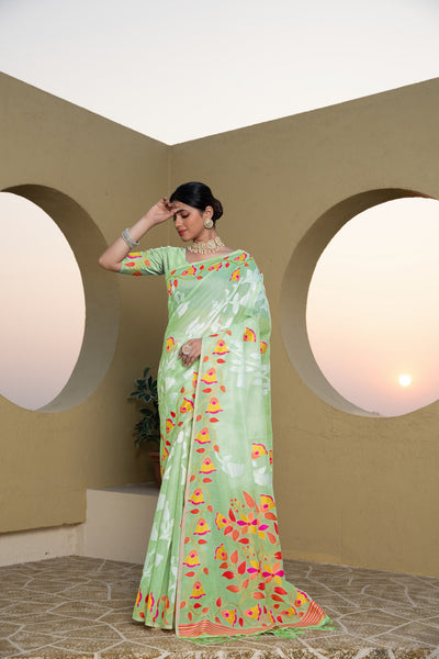 Indyancart GR Women's Kaashi Green Cotton Jamdani Saree