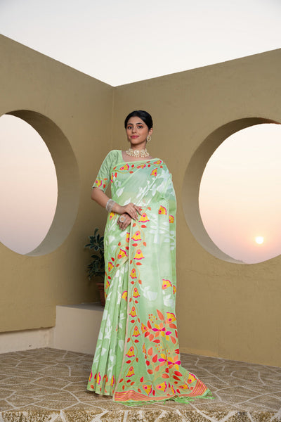 Indyancart GR Women's Kaashi Green Cotton Jamdani Saree