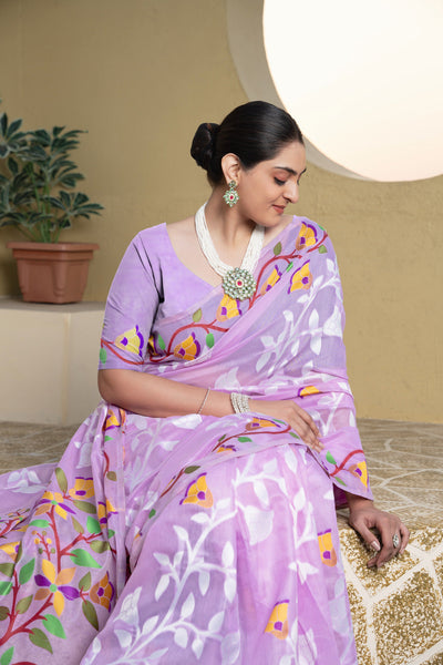 Indyancart GR Women's Kaashi Lavender Cotton Jamdani Saree