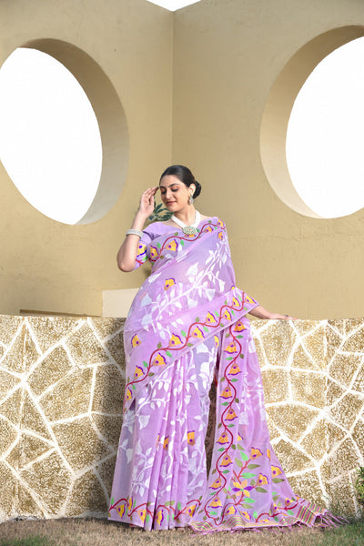 Indyancart GR Women's Kaashi Lavender Cotton Jamdani Saree