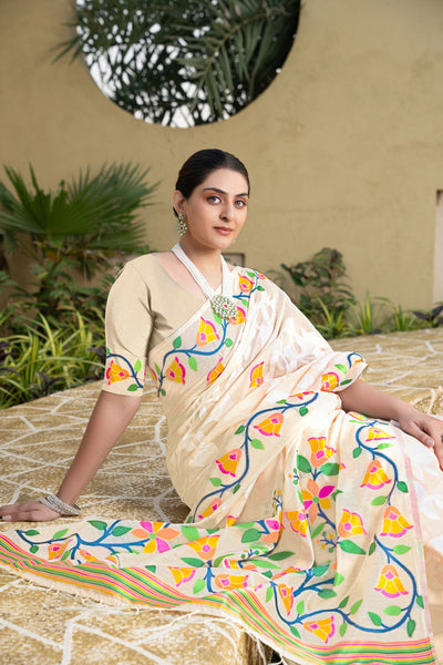 Indyancart GR Women's Kaashi Off-White Cotton Jamdani Saree