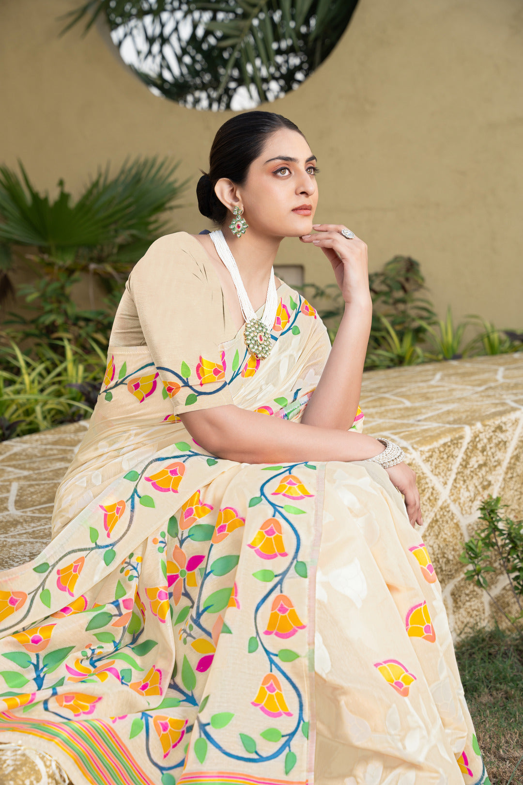 Dhiyona GR Women's Kaashi Off-White Cotton Jamdani Saree