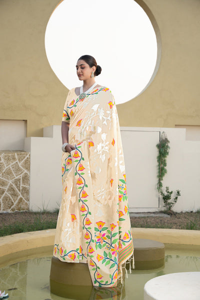 Indyancart GR Women's Kaashi Off-White Cotton Jamdani Saree