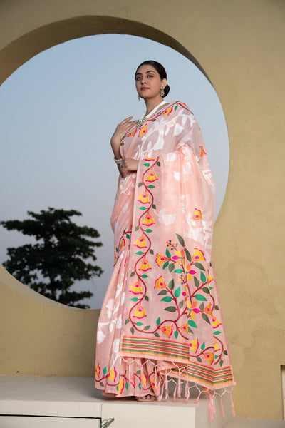 Indyancart GR Women's Kaashi Peach Cotton Jamdani Saree