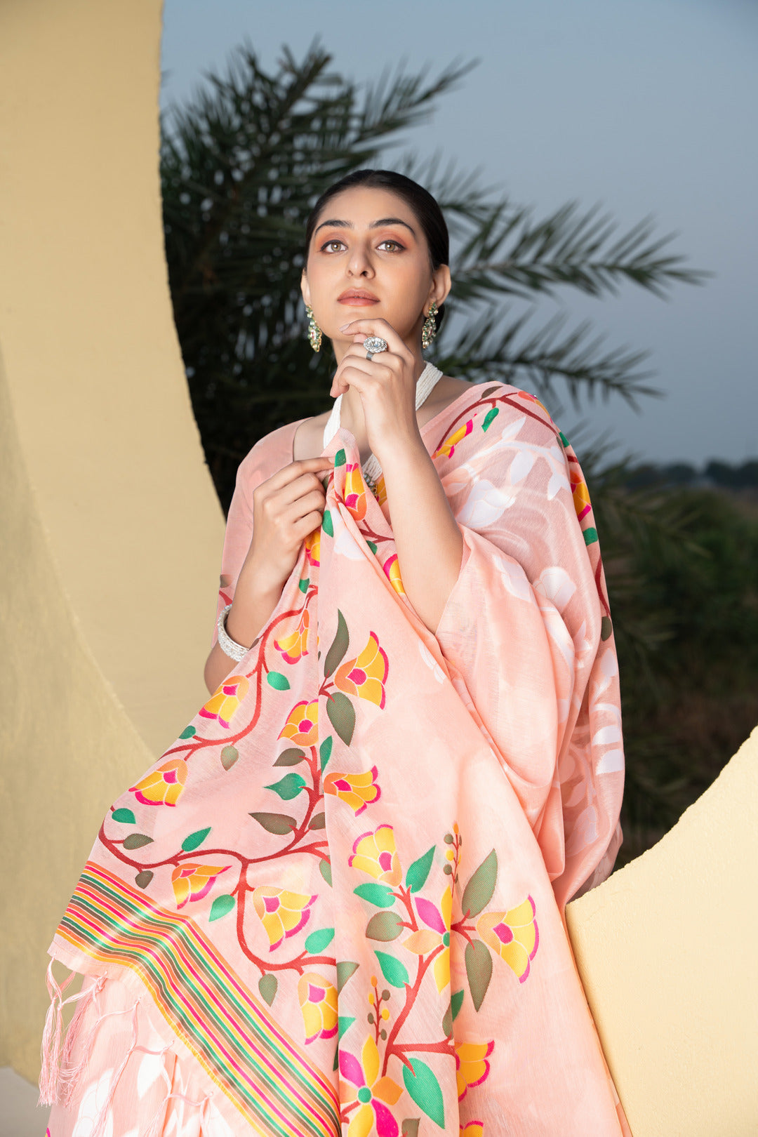 Dhiyona GR Women's Kaashi Peach Cotton Jamdani Saree
