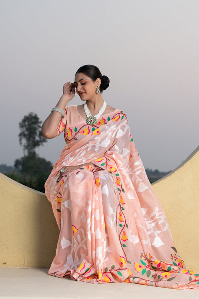Indyancart GR Women's Kaashi Peach Cotton Jamdani Saree
