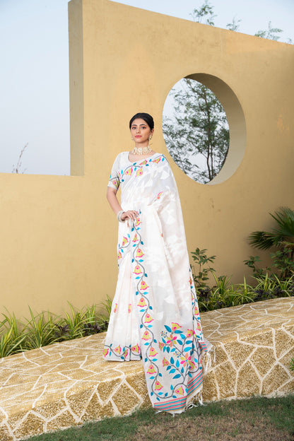 Dhiyona GR Women's Kaashi White Cotton Jamdani Saree