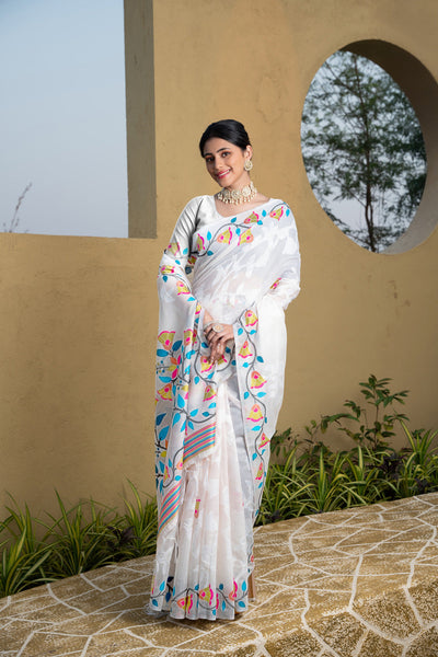 Indyancart GR Women's Kaashi White Cotton Jamdani Saree