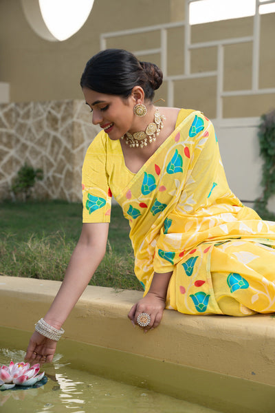 Indyancart GR Women's Kaashi Yellow Cotton Jamdani Saree