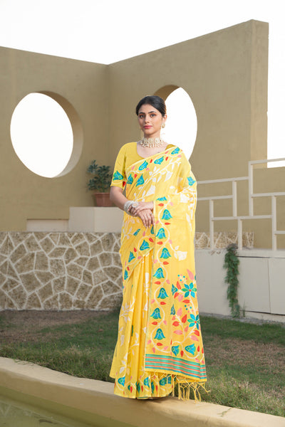 Indyancart GR Women's Kaashi Yellow Cotton Jamdani Saree