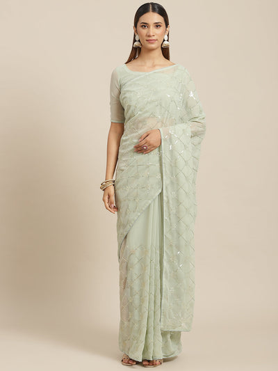 Indyancart GR Women's Kaira Green Georgette Embellished Saree