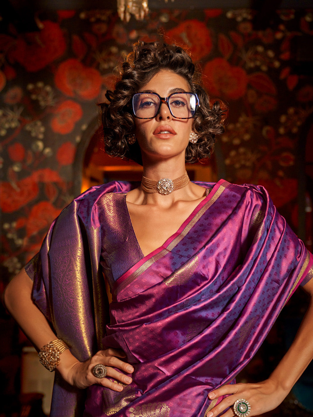 Women's Silk Blend Purple Woven Design Designer Saree With Blouse Piece