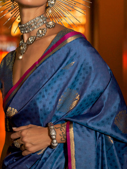 Women's Silk Blend Navy Blue Woven Design Designer Saree With Blouse Piece