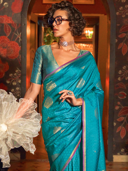Women's Silk Blend Blue Woven Design Designer Saree With Blouse Piece