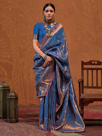 Women's Silk Blend Navy Blue Woven Design Designer Saree With Blouse Piece
