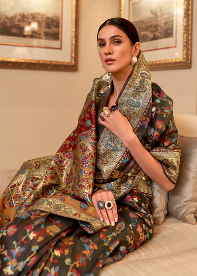 Indyancart GR Women's Kalista Desire Black Woven Jamewar Kashmiri Banarasi Saree