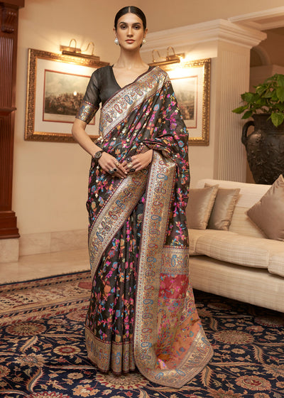 Indyancart GR Women's Kalista Desire Black Woven Jamewar Kashmiri Banarasi Saree