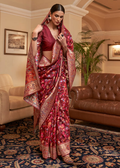 Indyancart GR Women's Kalista Earth Red Woven Jamewar Kashmiri Banarasi Saree