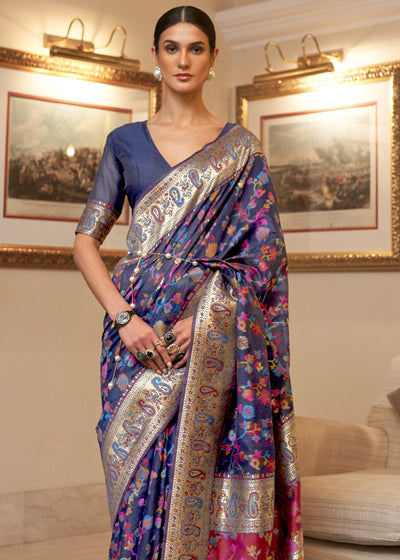 Indyancart GR Women's Kalista Princess Navy Woven Jamewar Kashmiri Banarasi Saree