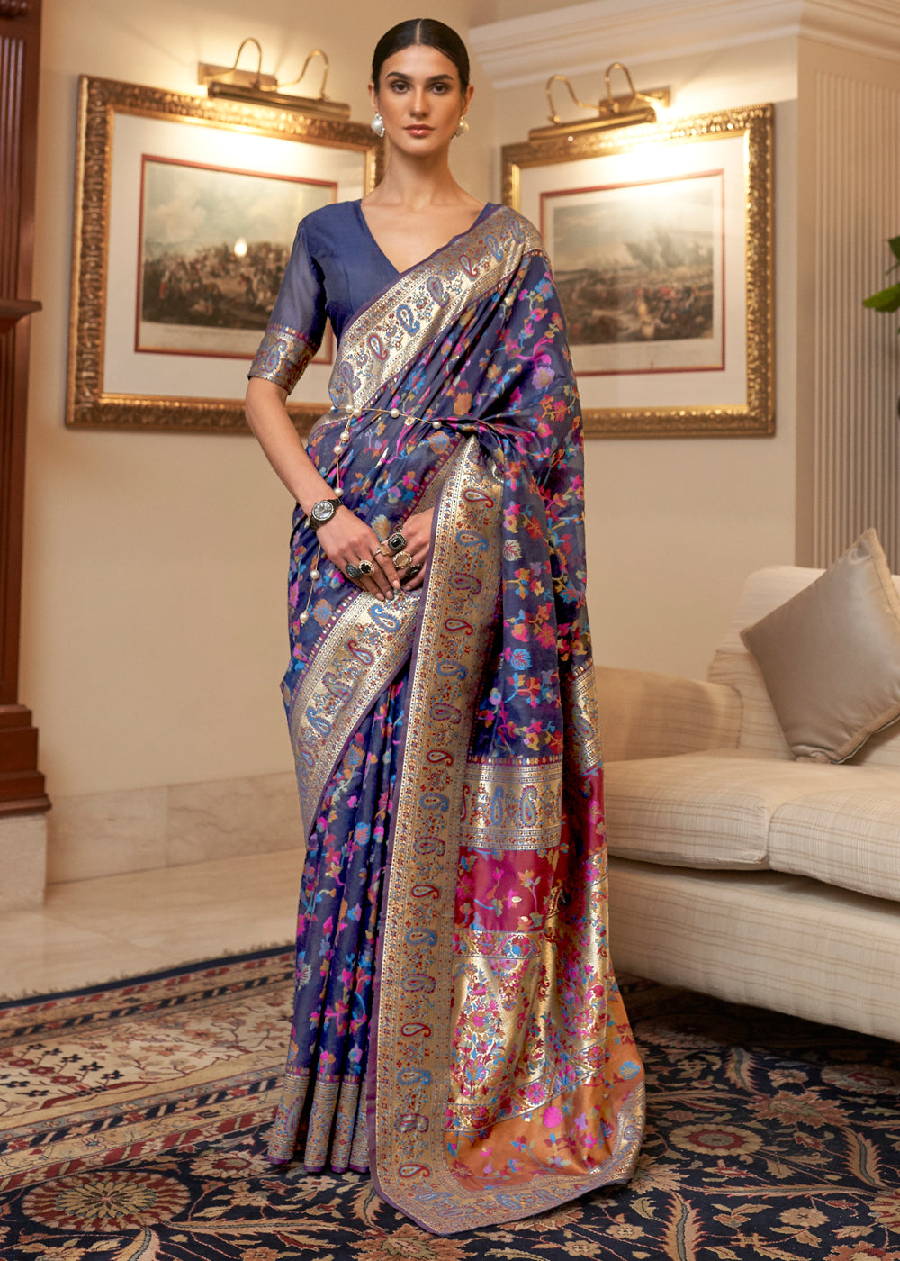 Dhiyona GR Women's Kalista Princess Navy Woven Jamewar Kashmiri Banarasi Saree