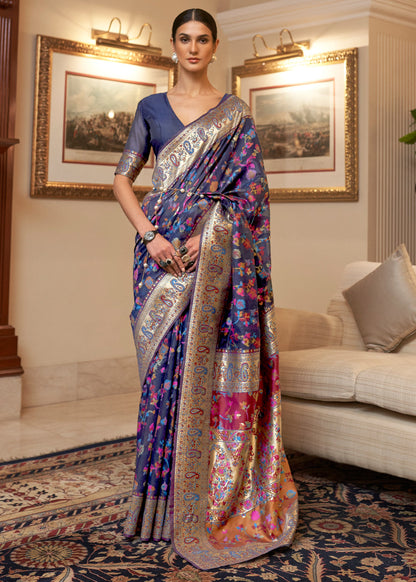 Dhiyona GR Women's Kalista Princess Navy Woven Jamewar Kashmiri Banarasi Saree