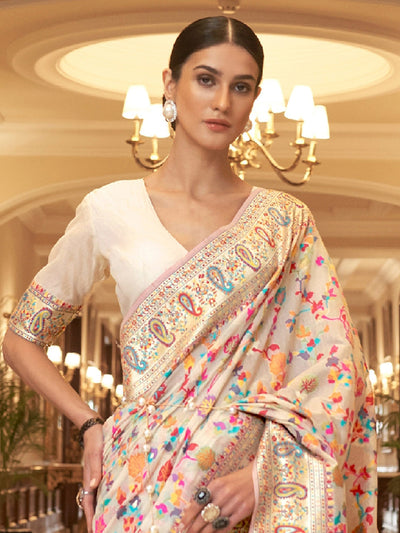 Indyancart GR Women's Kalista Peony White Woven Jamewar Kashmiri Banarasi Saree