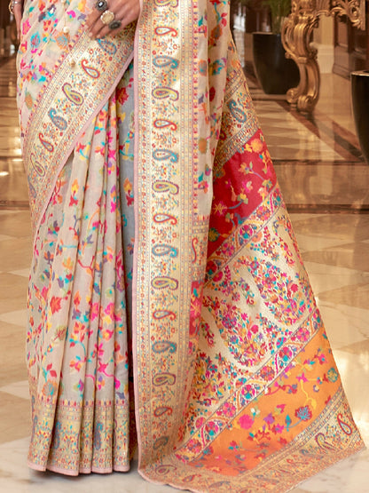 Dhiyona GR Women's Kalista Peony White Woven Jamewar Kashmiri Banarasi Saree